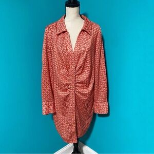 Shein Curve 2X Red Orange Geometric Print Button Front Ruched Long Sleeve Dress
